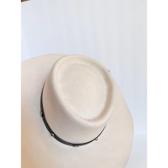 DOUBLE EE BRAND Women's Cream Wool Flat Brim Hat w/ Faux Leather Band size M - Picture 8 of 9